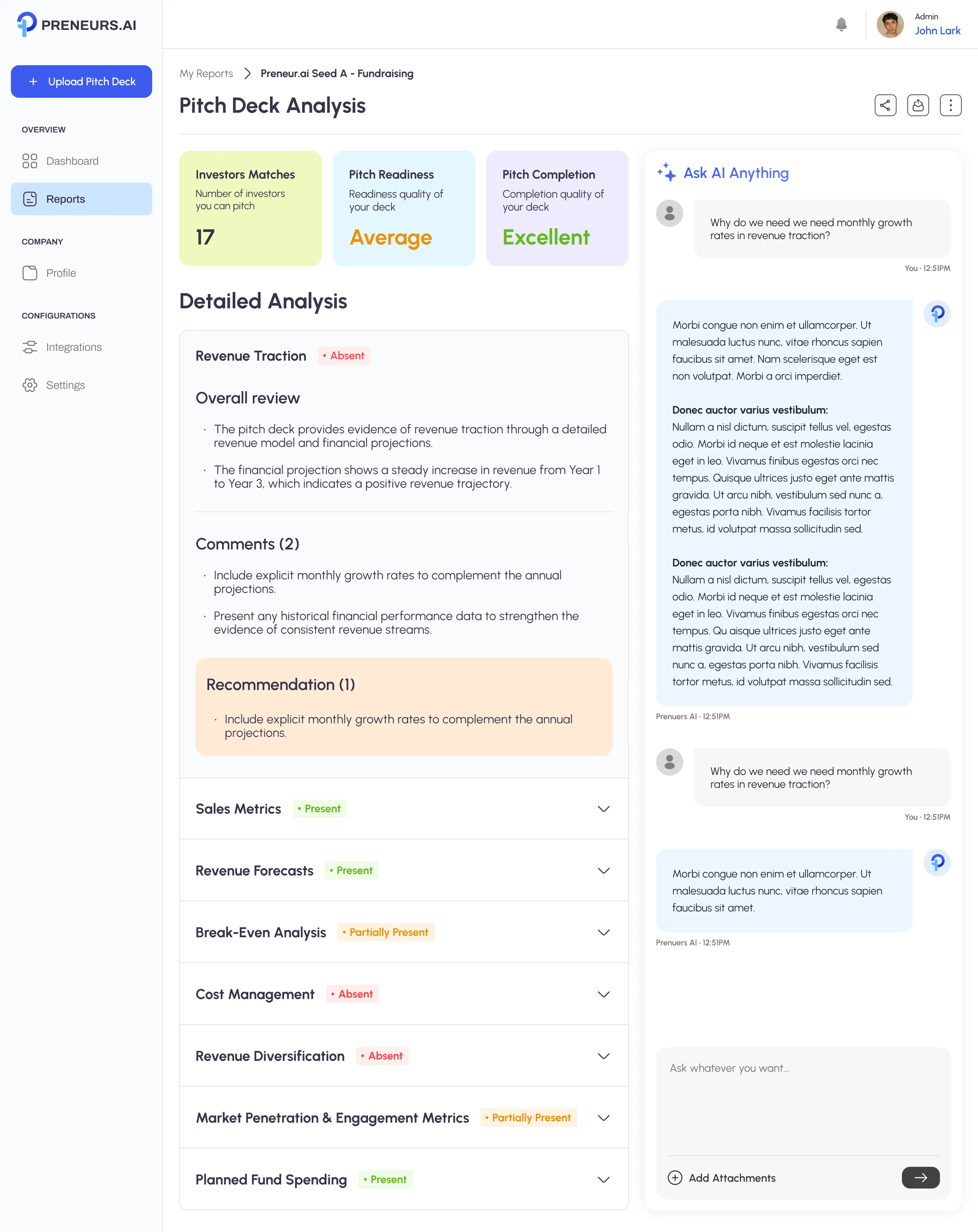 Preneurs tailored feedback for pitch decks