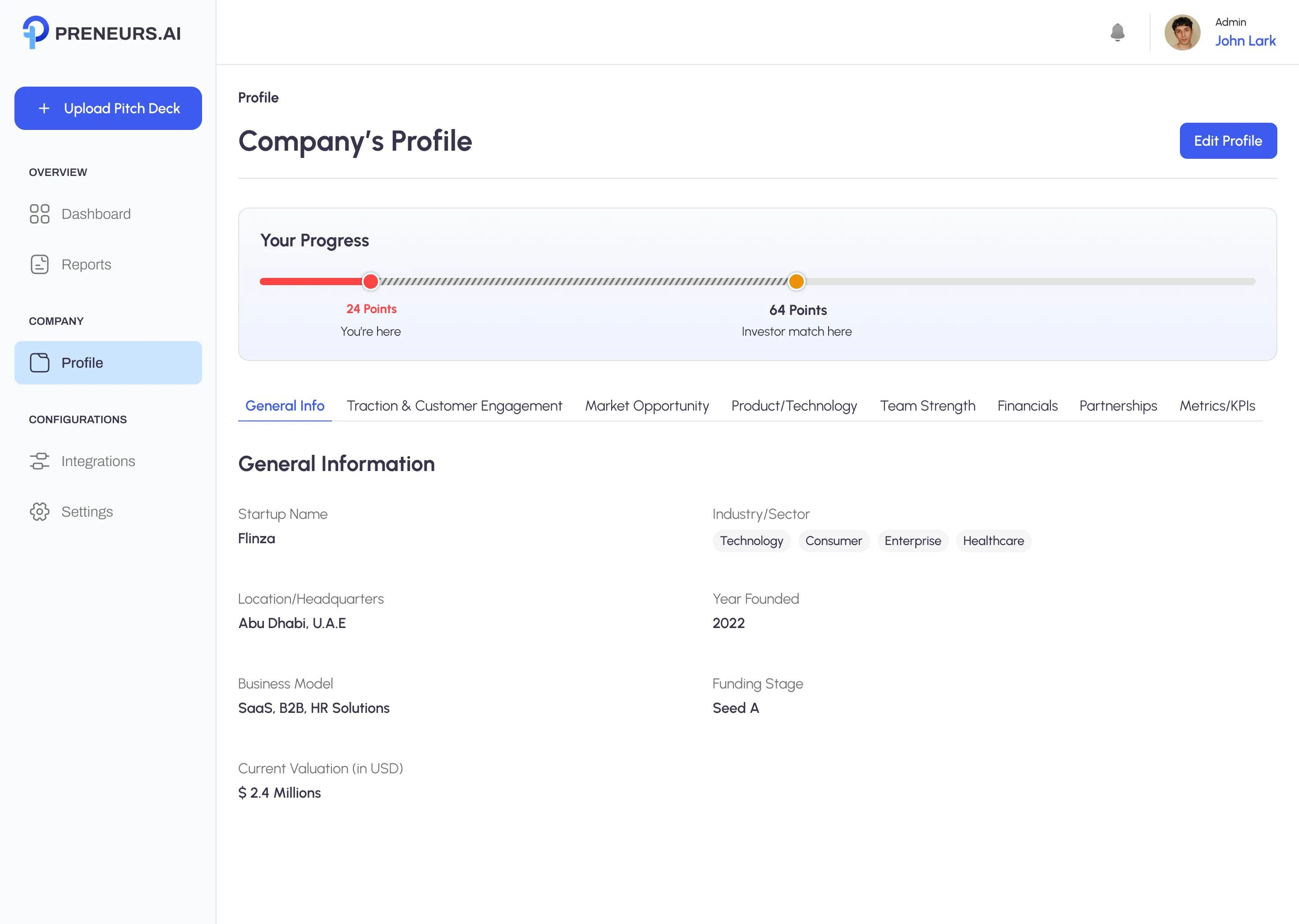 Preneurs founder dashboard