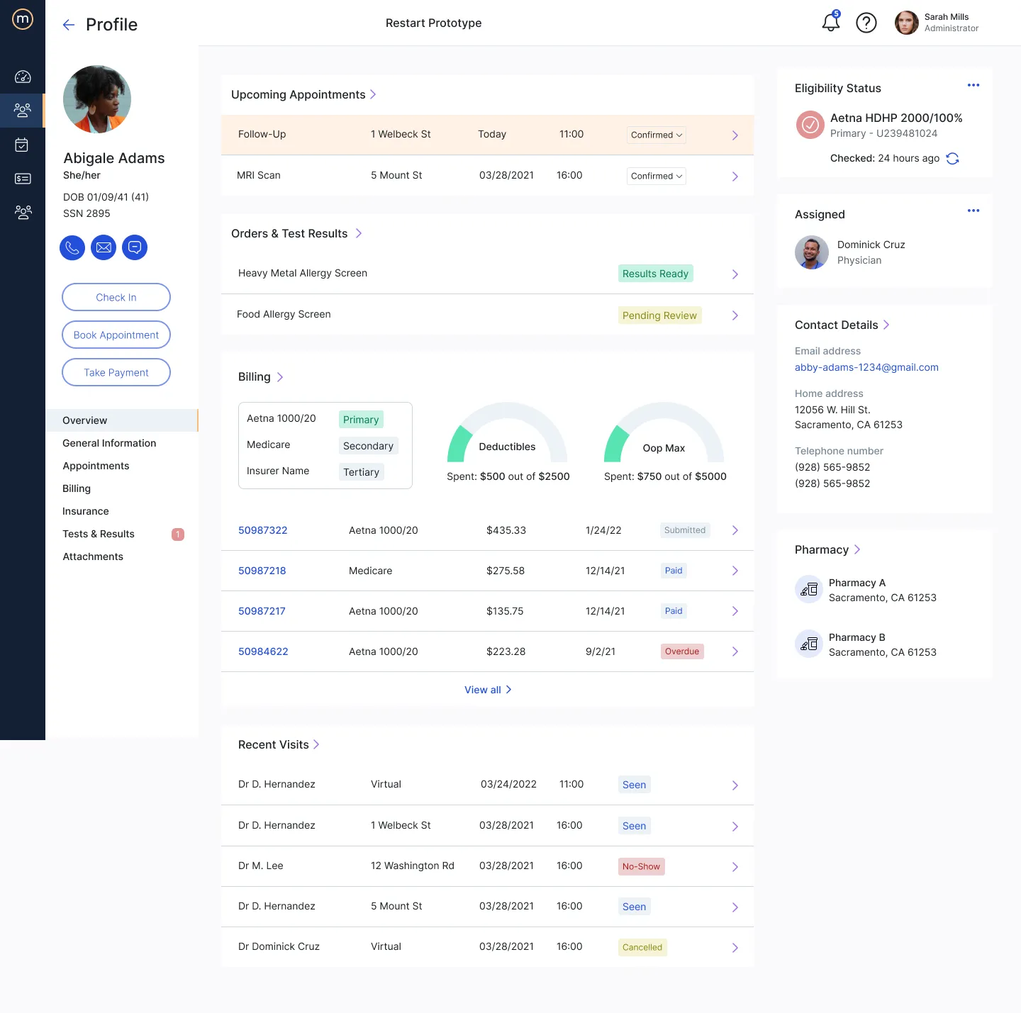 Admin view of the patient profile with eligibility and billing summary