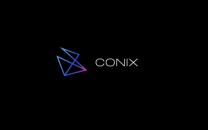 The chosen Conix identity — wireframe geometric mark on dark and light grounds