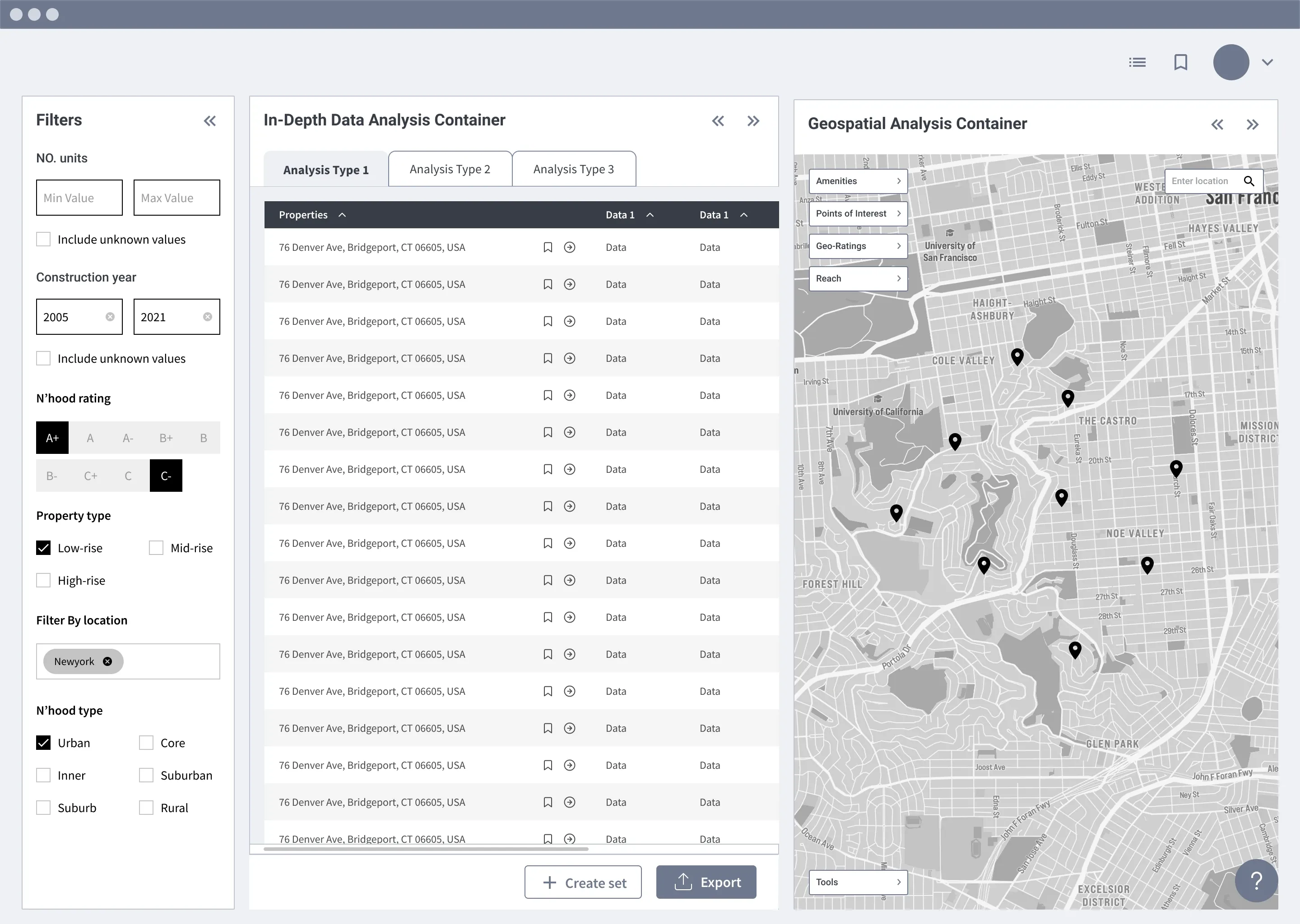 Property Map — three-panel workspace with filters, data table, and map