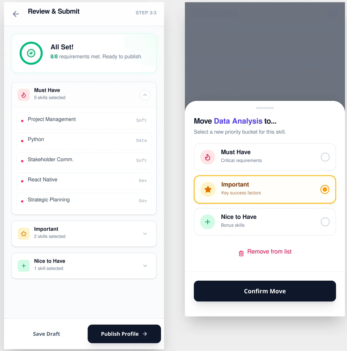 Mobile interaction for skill prioritization — moves rendered as a bottom sheet with explicit confirmation