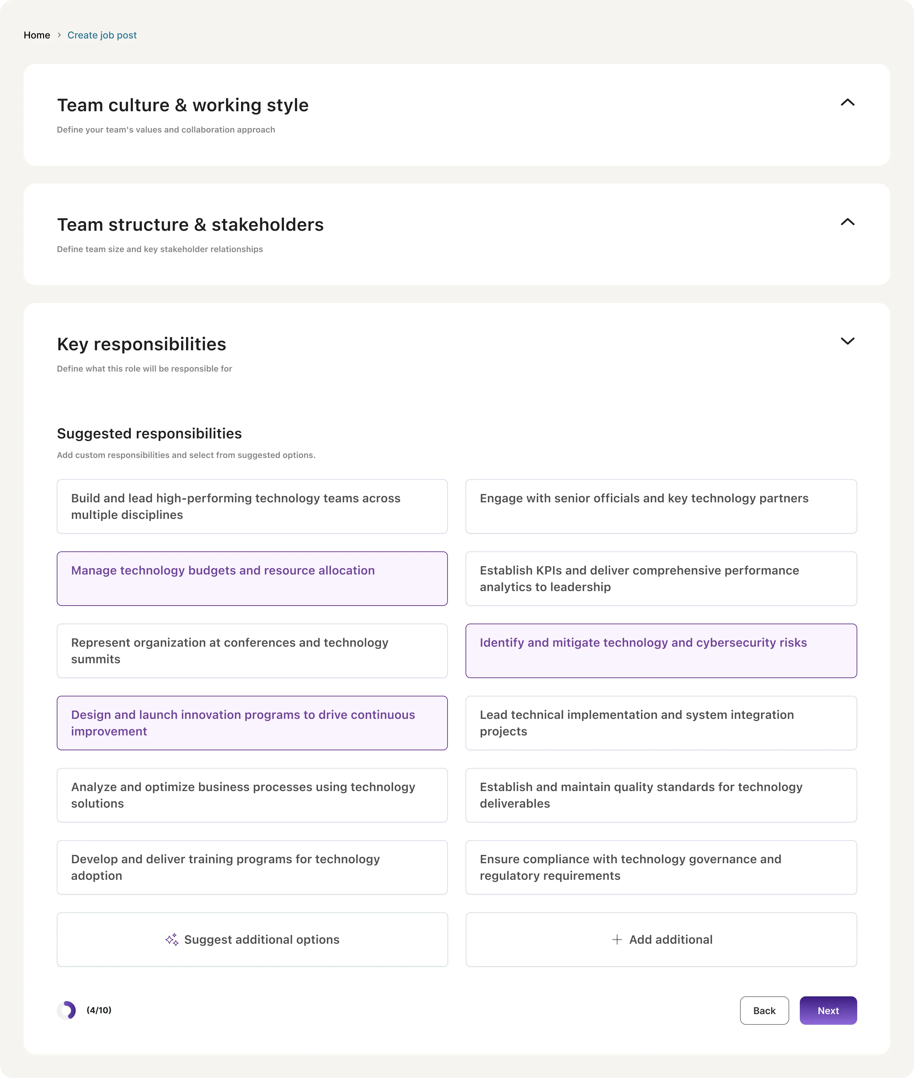 Key responsibilities — AI proposes a set of role-relevant items; the user curates and adds custom entries