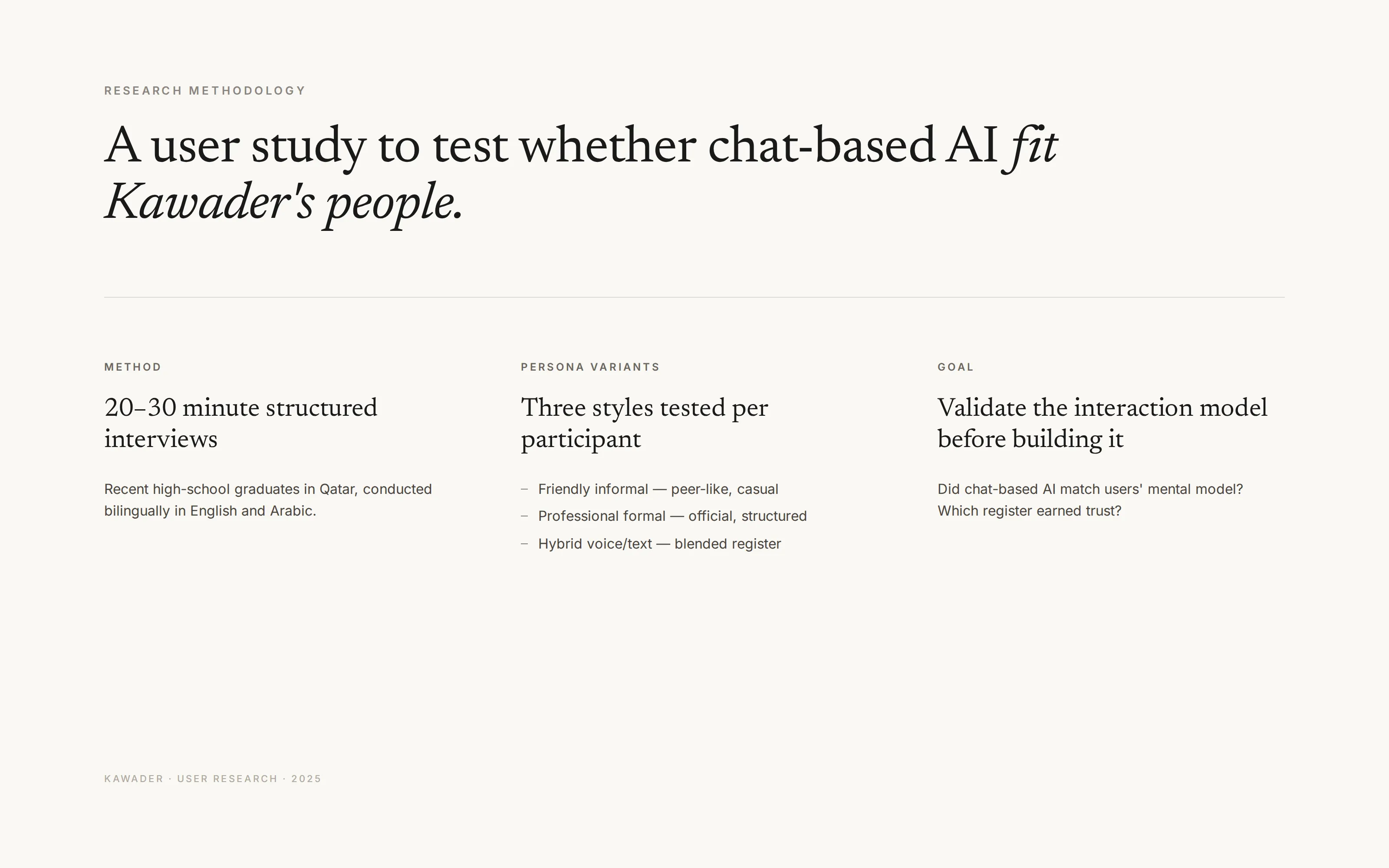 Research methodology — method, persona variants, and goal