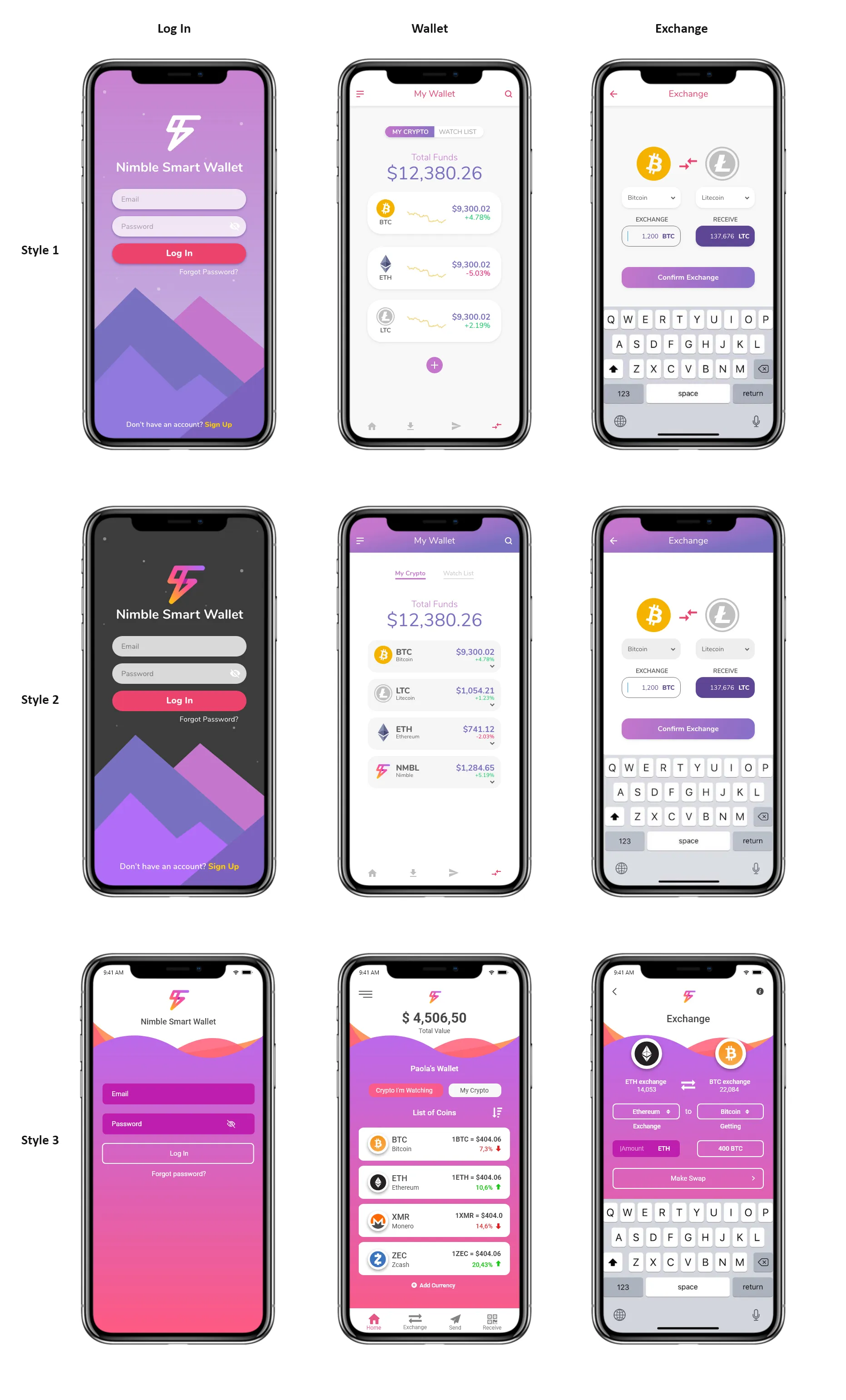 Three visual directions tested before committing — login, wallet, and exchange screens for each style