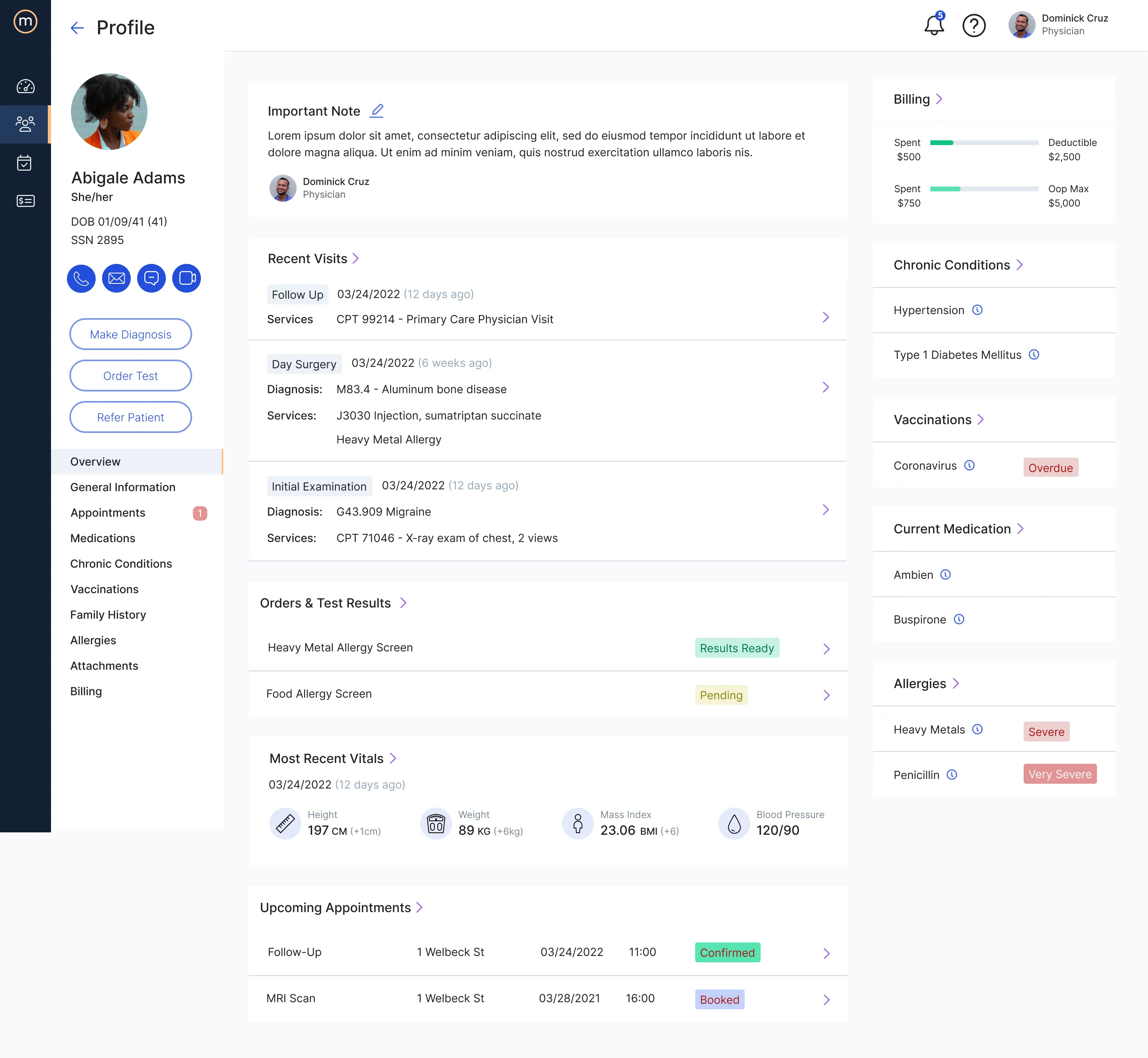 Physician view of the patient profile with clinical safety rail