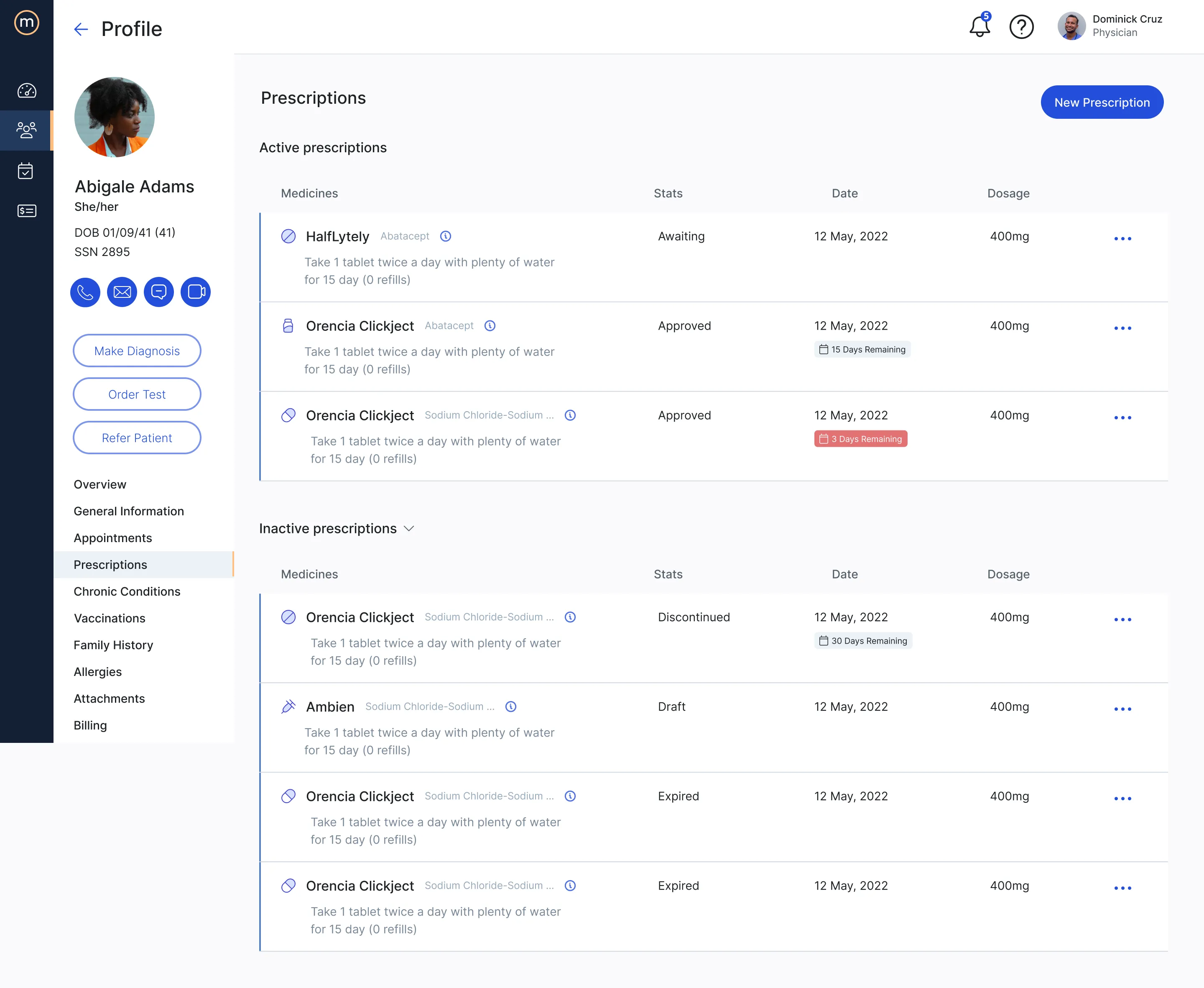 Prescriptions module — active and inactive prescriptions with full lifecycle states