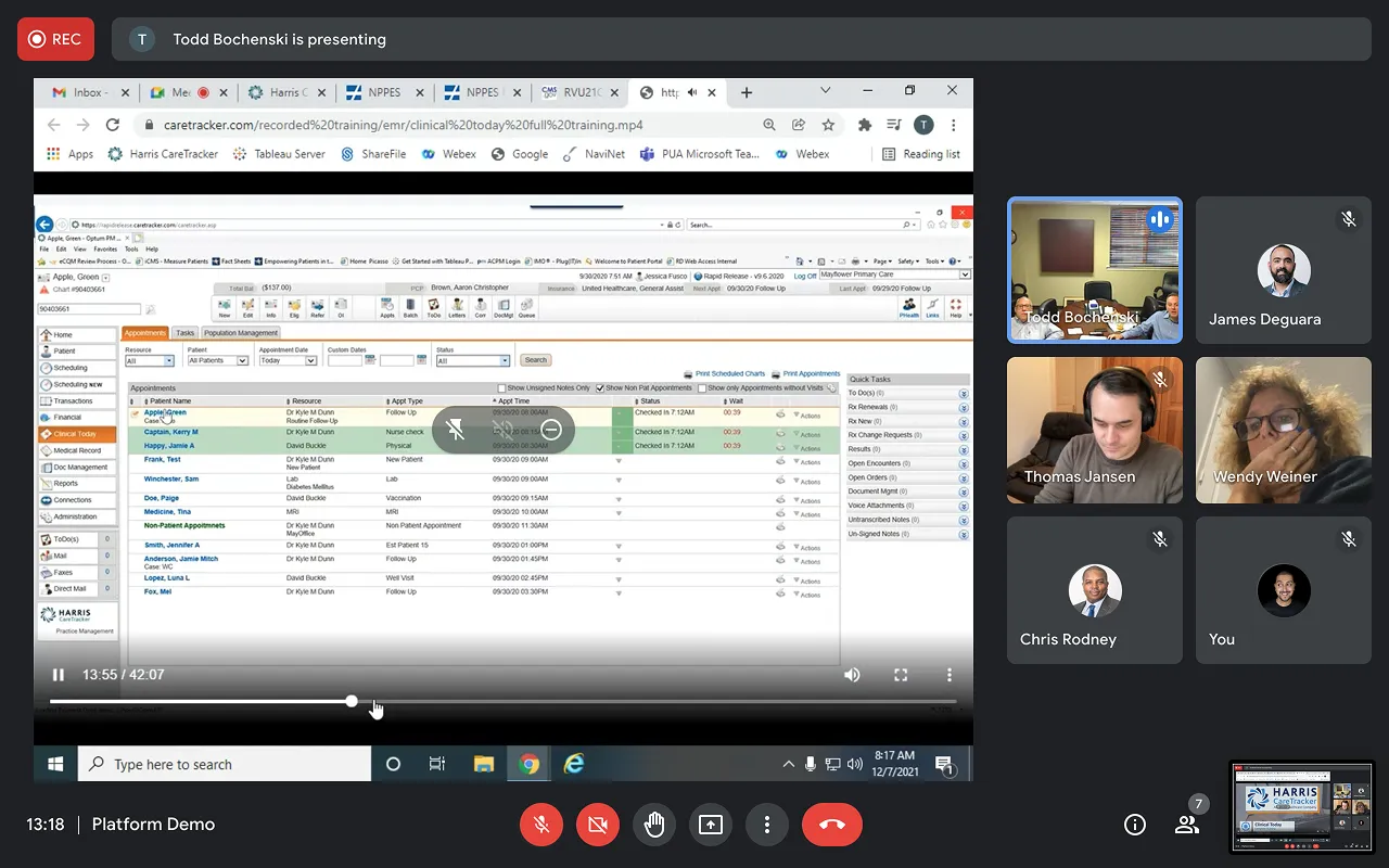 Harris CareTracker Appointments Today screen captured during a research session