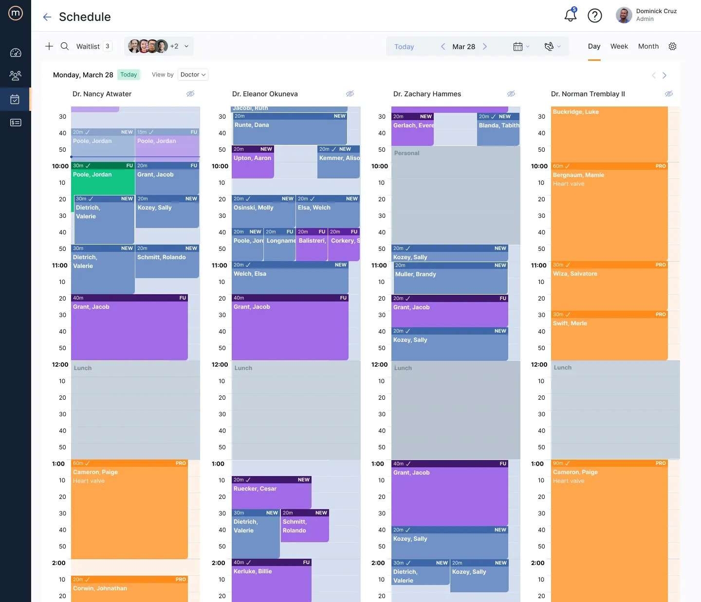 Scheduling day view — appointments by doctor across four columns with type color, duration badges, and confirmation checkmarks